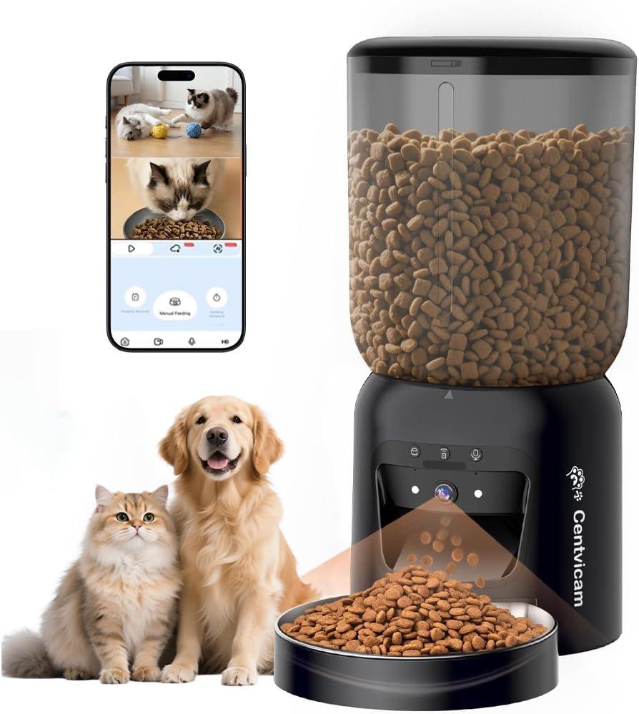 Automatic Cet Feeder with Camera, 5G/ 2.4GWiFi, 3K HD App Control - Smart Dog Cat Feeder, 2-Way Audio, Night Vision, Slow Feed, 6L Capacity, Battery Backup, Anti-Jam, Freshness Seal, Black