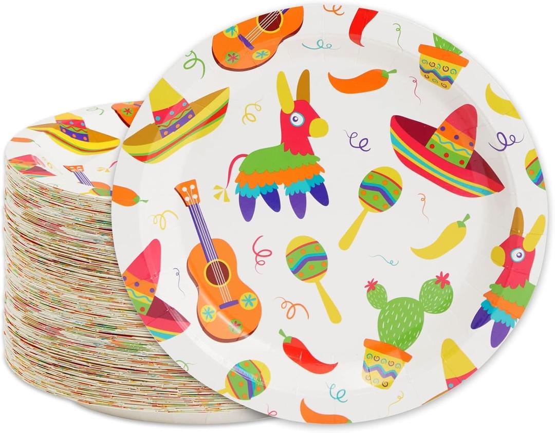 BLUE PANDA 80-Pack Mexican Fiesta Design Paper Plates for Cinco de Mayo Party Decorations (9 in)
