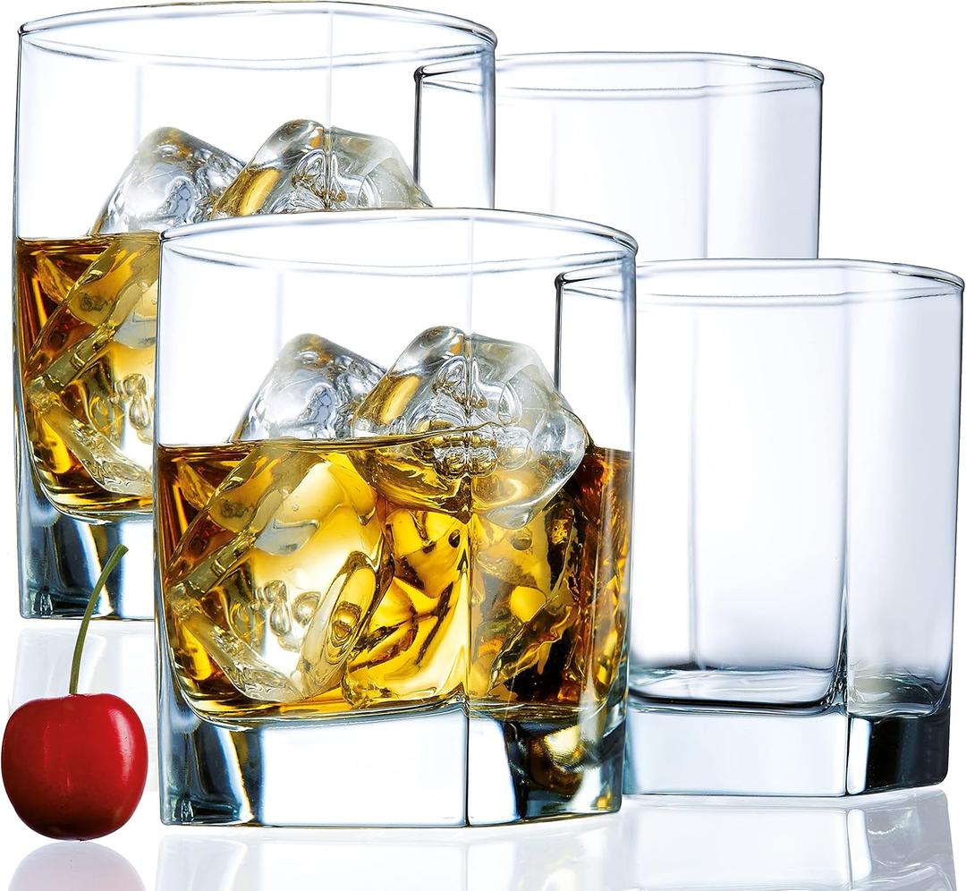 Square Drinking Whiskey Glasses Set of 4, Old Fashioned Glass Cup Bar Set, Stemless Everyday Rocks Whisky Glass Best Present for Men, Scotch, Bourbon, Vodka, Wine, Cocktail, Liquor, Tequila, Smoothie