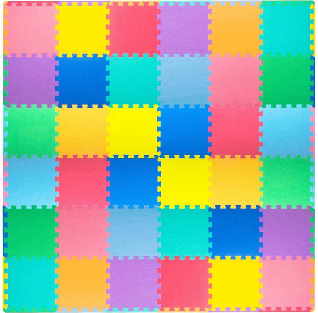 ProSource Baby Play Mat, Soft Foam Floor Tiles for Kids, Interlocking EVA Panels for Playpen Use, Crawling Development Surface, Safe Non-Toxic Toddler Flooring, 36 Tiles, Multicolor, 72"L x 72"W x 0.4"Th