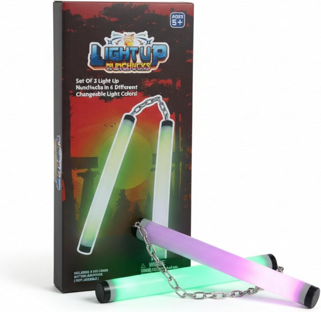 Light-Up Ninja Toys Nunchucks for Kids and Children Set Of 2, Fun Foam Costume, Safe LED Nunchucku Toy with Soft Padding for Martial Arts Practice, Ninja Costumes, Party Favors, Easter Basket Stuffer