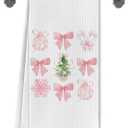 Pink Coquette Bow Chinoiserie Christmas Kitchen Towels, Preppy Christmas Dish Tea Towels for Kitchen Decor, Xmas Tree Bauble Snowflake Decorative Hand Towel for Bathroom, 16x24 Inch