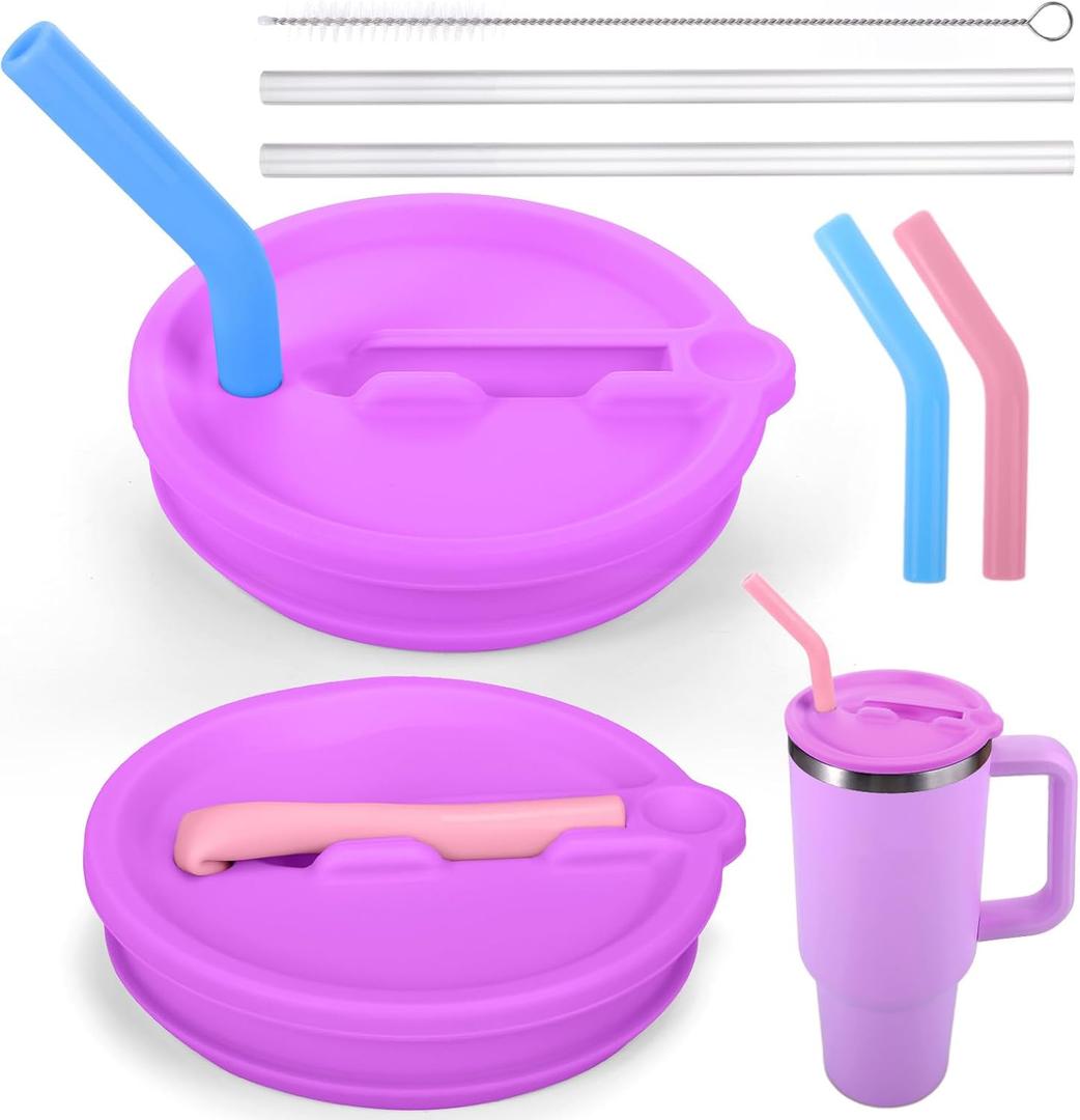 Mity rain 2PCS Silicone Tumbler Flip Straw Lid for Stanley Cup 40OZ, Spill Proof Lid Compatible with Stanley Quencher Flip Straw Lids for Replacement (Purple)