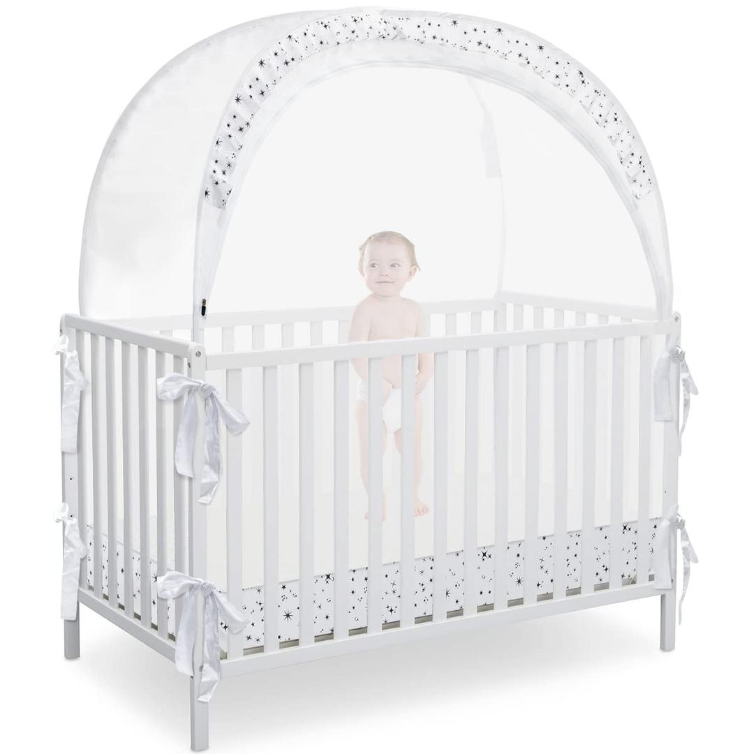 L RUNNZER Baby Pop Up Crib Tent, Crib Net to Keep Baby from Climbing Out, Crib Canopy Cover Against Falling and Bites, Strong Frame & Soft Breathable Mesh, White+ stars