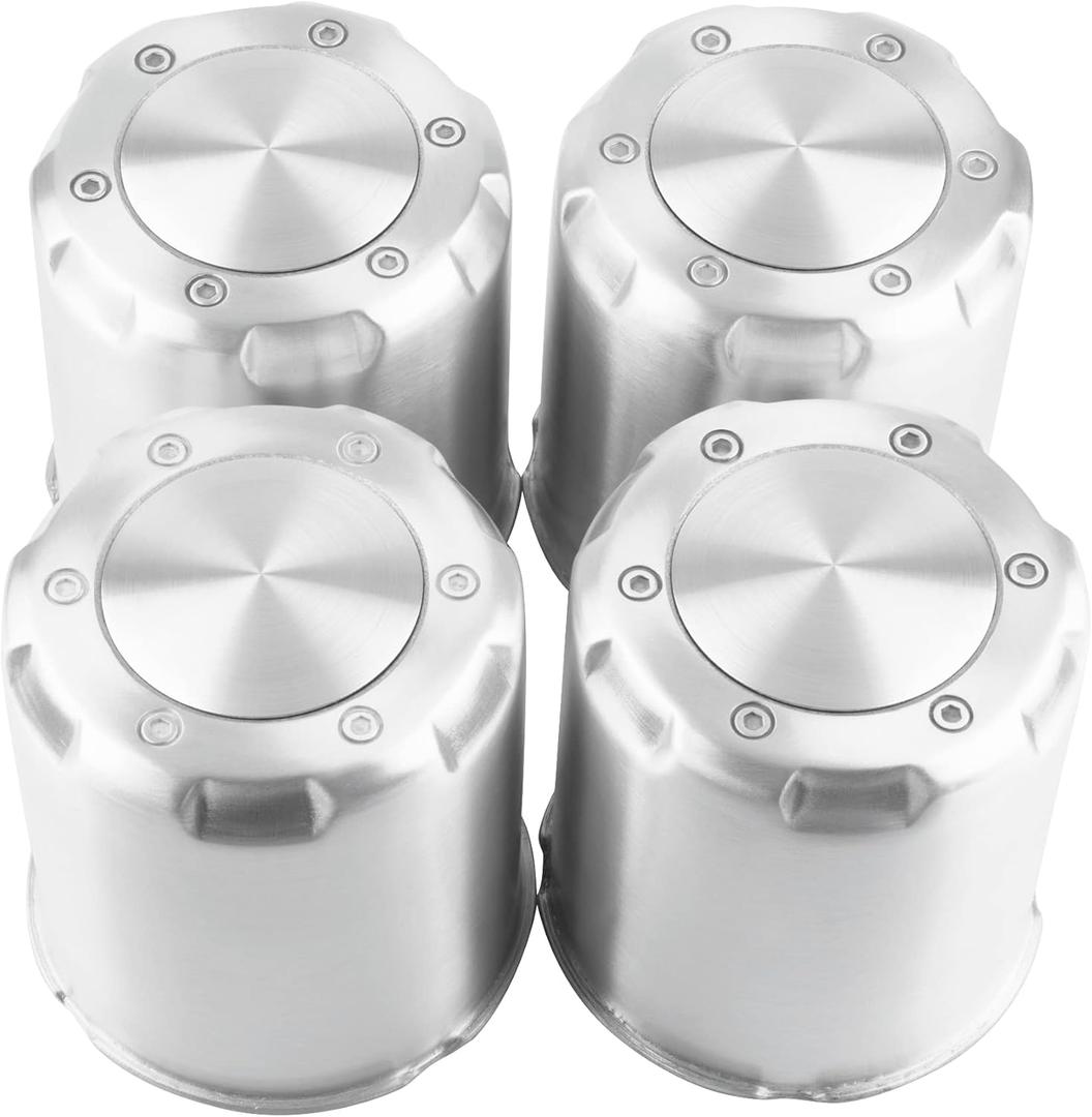 RTrhinoTuning 4PCS 4.25" Push Through Center Caps Aluminum Hub Caps for 4.25in Truck Trailer Wheel Rim Bore, 4.69" Tall Sliver with Stickers