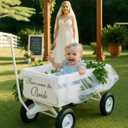 4 Pcs All-Terrain Wedding Wagon Set Includes 39x17x32 Inch Heavy Duty White Flower Girls Wagon Cart Here Comes The Bride Sign White Tulle Plush Pad for Wedding Reception