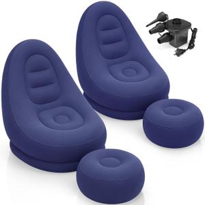 2 Sets Inflatable Bean Bag Chairs Set with Ottoman Electric Pump Folding Blow up Lazy Sofa Loungers Chair with Footstool Couch for Movie Night Film Marathon Gaming Camping (Navy Blue), 46 x 36 x 38 inch