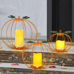 Halloween Metal Pumpkin Candle Holder, 3 Pcs Light up Orange Pumpkin Lantern with LED Flickering Yellow Candle Lights Build in Timer for Thanksgiving Halloween Harvest Fall Home Decor