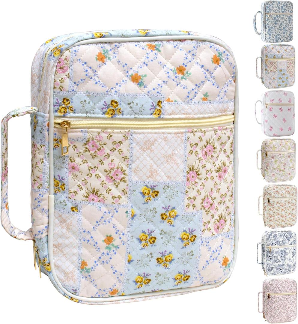 Bible Cover for Women, Large Quilted Case with Handle, Durable Bag and Carrying Case for Girls, Study Supplies Accessories, Christian Gift for Women (Spliced Flower, Large)
