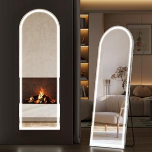 Sweetcrispy Arched Full Length Mirror with LED Lights, 61"x17" Lighted Floor Mirror with Dimming & 3 Color Lighting, Stand for Bedroom, Dressing Room