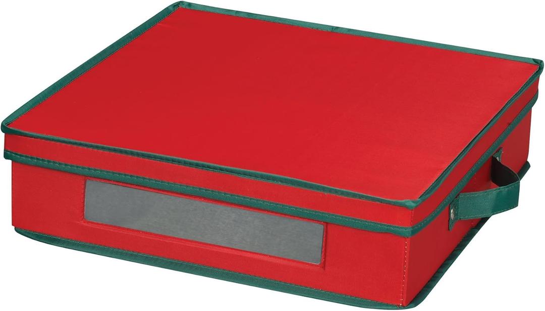 Household Essentials Holiday China Storage Chest with Lid and Handles | Charger Plates and Platters | Red Canvas with Green Trim