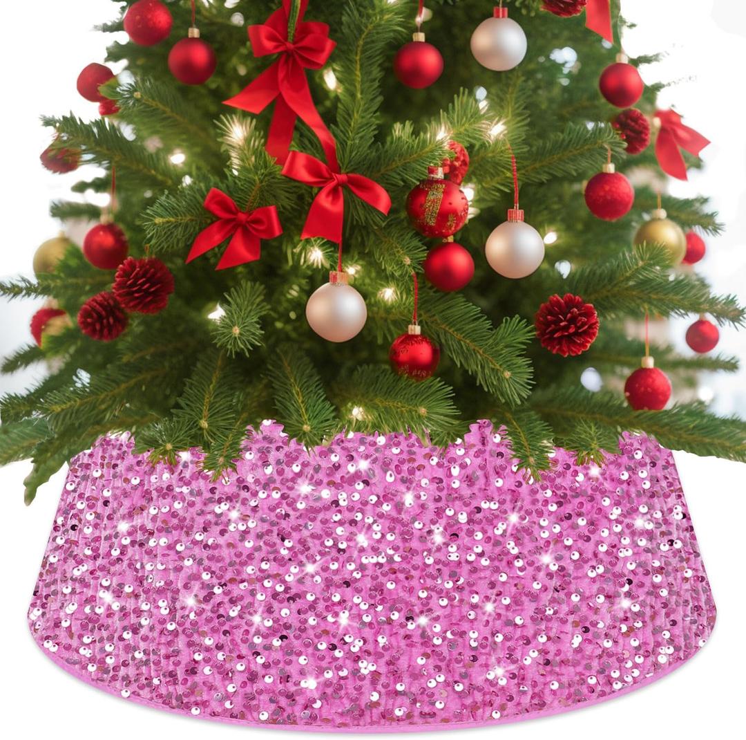 Pink Christmas Tree Collar 28 Inch Sequin Tree Skirt for Christmas Holiday Home Decor Small Xmas Tree Ring Foldable Christmas Tree Stand Base Cover Christmas Tree Collars for Artificial Trees, Pink