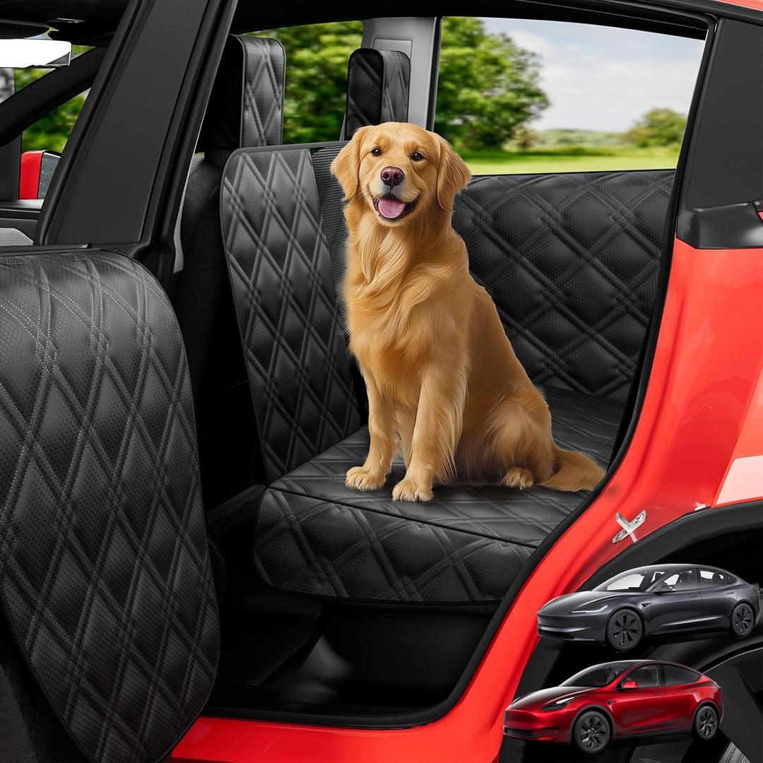 Dog Car Seat Cover for Back Seat Compatible with Tesla Model Y  Hard Bottom Pet Travel Hammock with Seat Extender, Waterproof Backseat Dog Cover with Door & Headrest Protectors