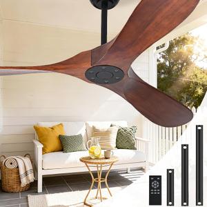 52 Inch Ceiling Fan No Light, Wood Outdoor Ceiling Fans for Patios Living Room Bedroom, Indoor Modern 3 Blade Propeller Wet Rated Ceiling Fan without Lights with Remote (Walnut)