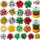 JOYIN 24 PCS Christmas Bows and Gift Ribbons with 22 Multi-Colored Assorted Size Gift Bows and 2 Rolls of Curling Ribbons for Present Christmas Wrapping Decoration