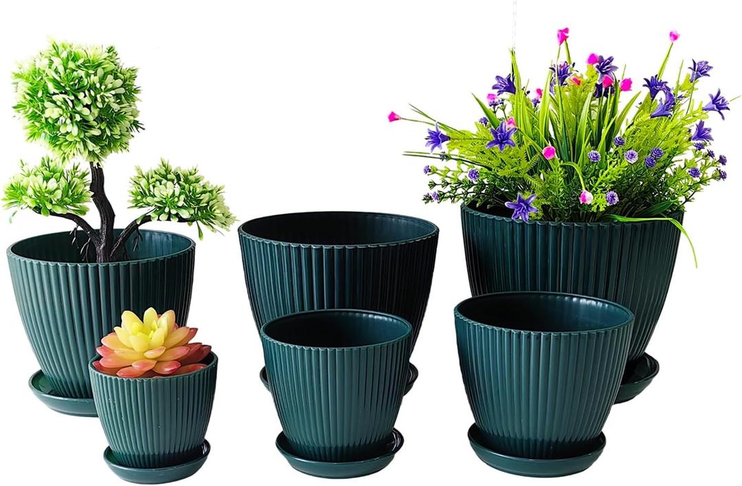 RooTrimmer 7.5/6.5/5.5/4.9/4.2/3.5 Inch Plant Pots with Saucers & Drain Holes - Indoor/Outdoor Flower Pots for Succulents, Herbs, Cactus - Modern Lightweight Durable Planter Set, Dark Green