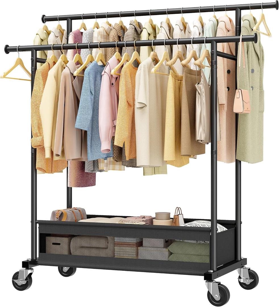 Double Rod Clothes Rack, Room Space Saving Organize, Bottom Basket | 10 Minutes Tool-Free Assembly, Heavy Duty 210 LBS, Anti-Wobble Design, Smooth Rolling Wheels, Bedroom, Dorm, Apartment
