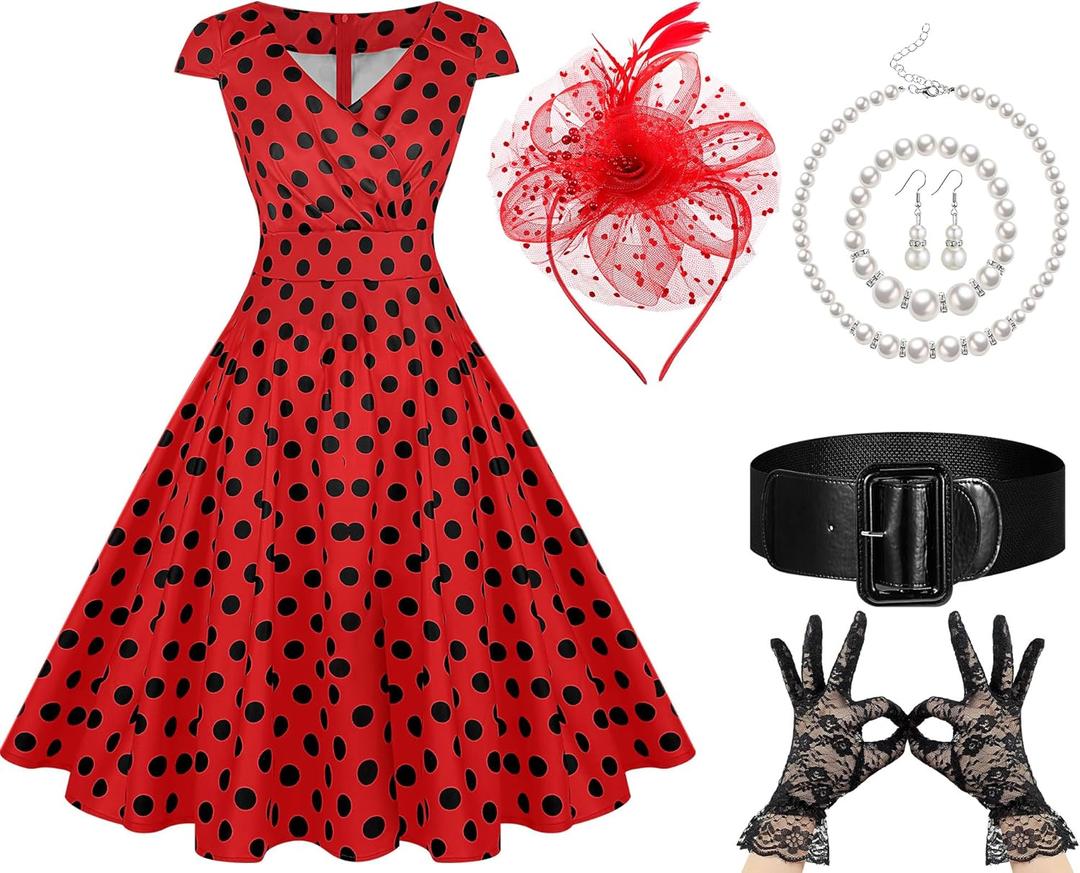 6 Pcs Vintage Swing Dress for Women 1950s, Polka Dot Dresses Tea Party Outfit Costume for Retro Derby Cocktail (Large, Red)