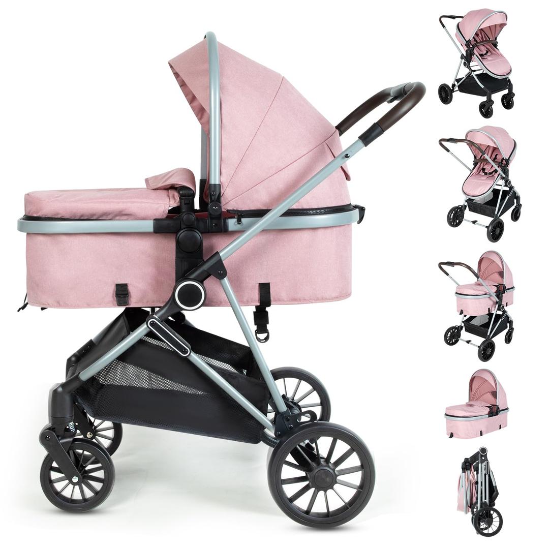 2-in-1 Baby Stroller with Bassinet Mode - Folding Infant Newborn Pram with Reversible Seat - for 0-36 Months Baby Girl Pink