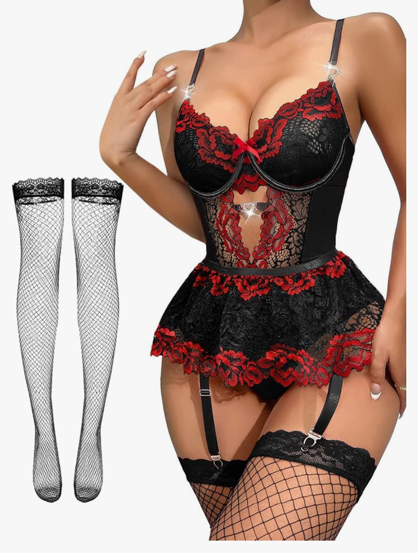 Sexy Stocking Rhinestones Heart Garter Underwire Floral Mesh lace Sheer Babydoll Lingerie Teddy Bodysuit Skirt Set,L