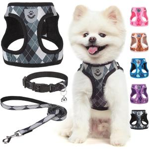 SCENEREAL Small Dog Harness and Leash Collar Set, Step in No Pull Soft Mesh Dog Harnesses for Small Medium Sized Dogs Puppy and Cats Outdoor Walking, No Chock Reflective Vest Harness, Black Plaid S (S: Chest Girth: 14.5"-16")