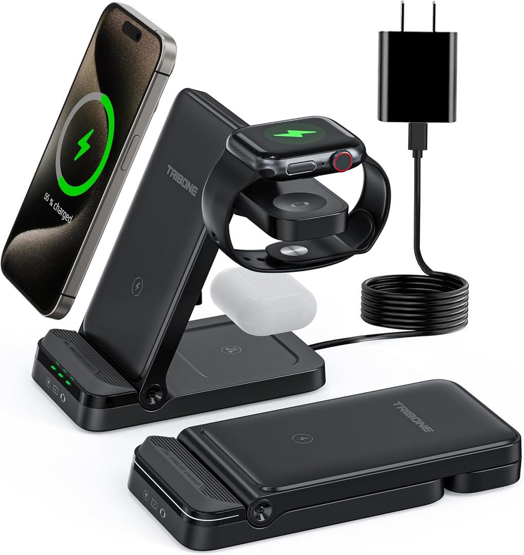 Wireless Charger, Tribone 3 in 1 Foldable Fast Charger for iPhone 17 16 15 14 13 12 11 Pro Max XR XS 8 Plus，for Apple Watch 10 9 8 7 6 5 4 3 2 SE Ultra,for AirPods Pro 4 3 2, Black