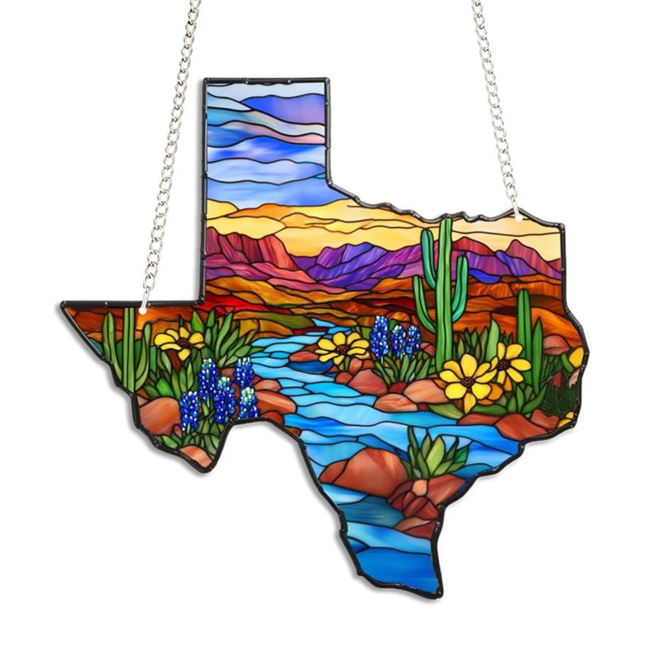 Texas Stained Glass Style Suncatcher- 6 Inch Acrylic Window Hanging- Colorful Texas Desert Landscape Light Catcher Decor- 2D Flat Ornament Gift for Friends & Travelers