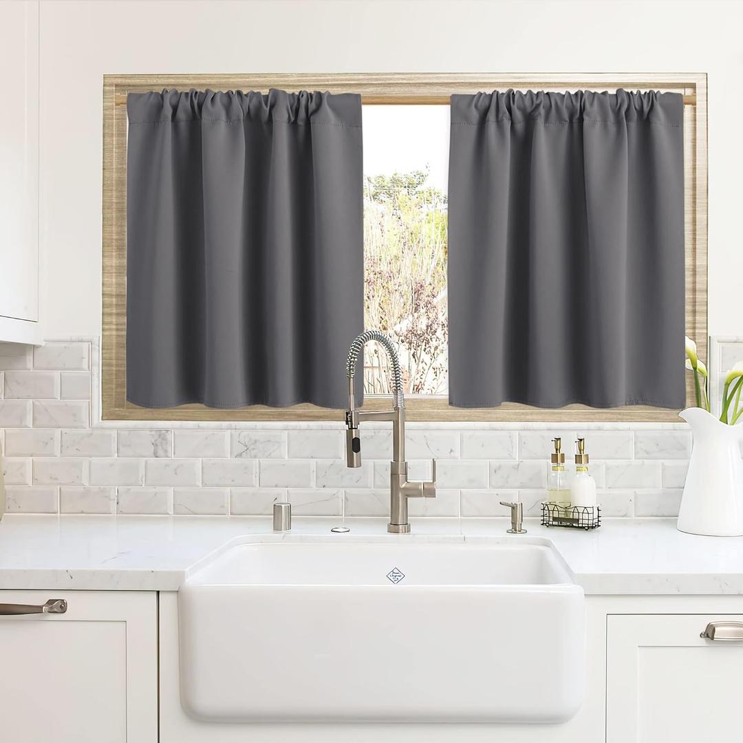 RYB HOME Blackout Curtains for Kitchen, Over Sink Privacy Curtains Window Decor, Thermal Insulating Drapes for Bathroom Cafe Bedroom Small Window, W 42 x L 24 inch, Grey, 2 Panels
