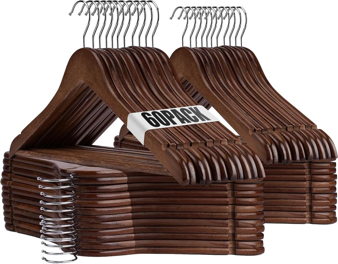 Wooden Hangers - 60 Pack - Clothes Hanger for Daily Used,Heavy Duty Wood Hangers with Precisely Cut Notches,Coat Hanger for Closet, Clothes Hangers for Shirt Suit DresWalunt, BBB1