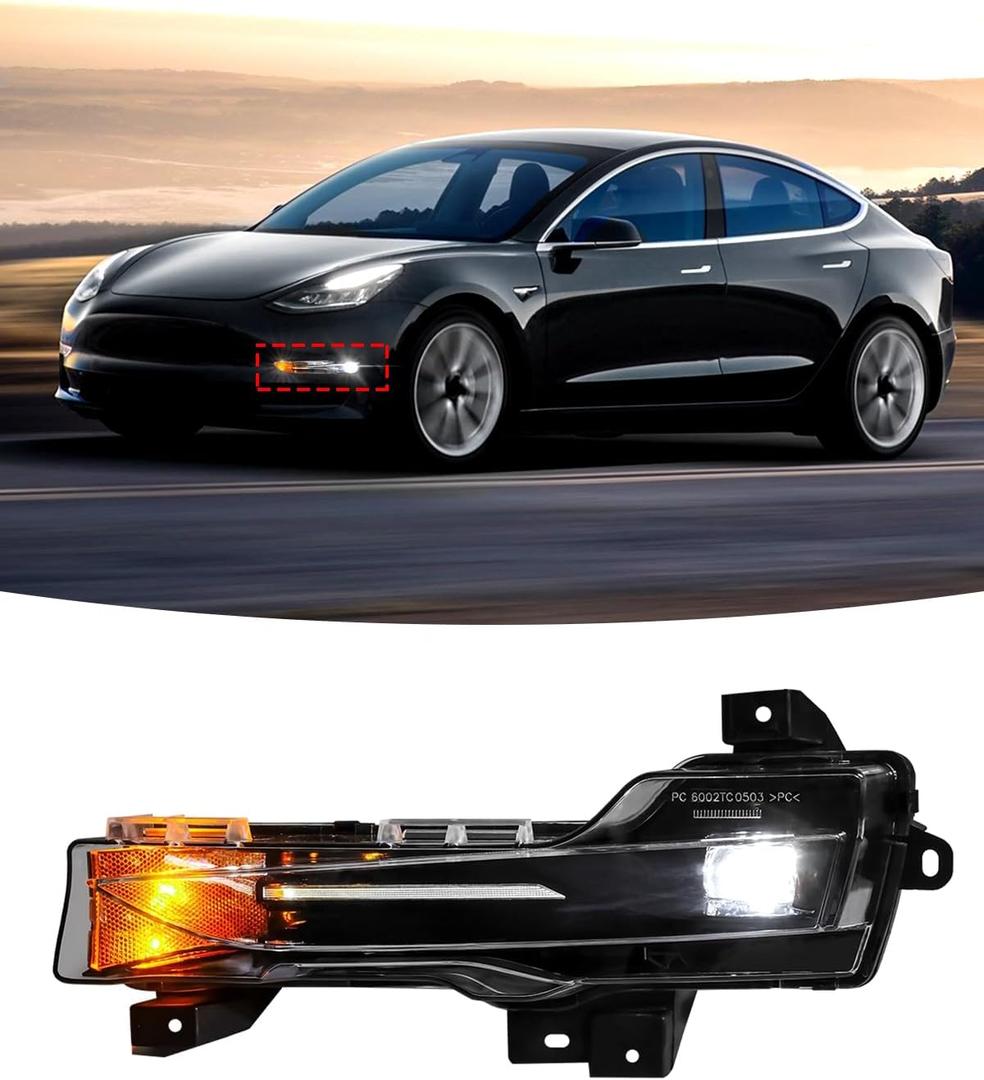 Front Fog Lights, Model y Daytime Running Light Led Drive Side & Passenger Side Fog Light Compatible with Tesla Model 3 17-23 and Model y 2019-2024 1077391-00-E, 1077391-00-F(Driver's side/left side)