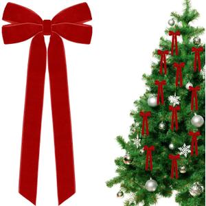 24 Pcs Red Velvet Christmas Tree Bows Door Garland Decor Vintage Wreath Bow Suitable for Christmas Trees (24PC Red)