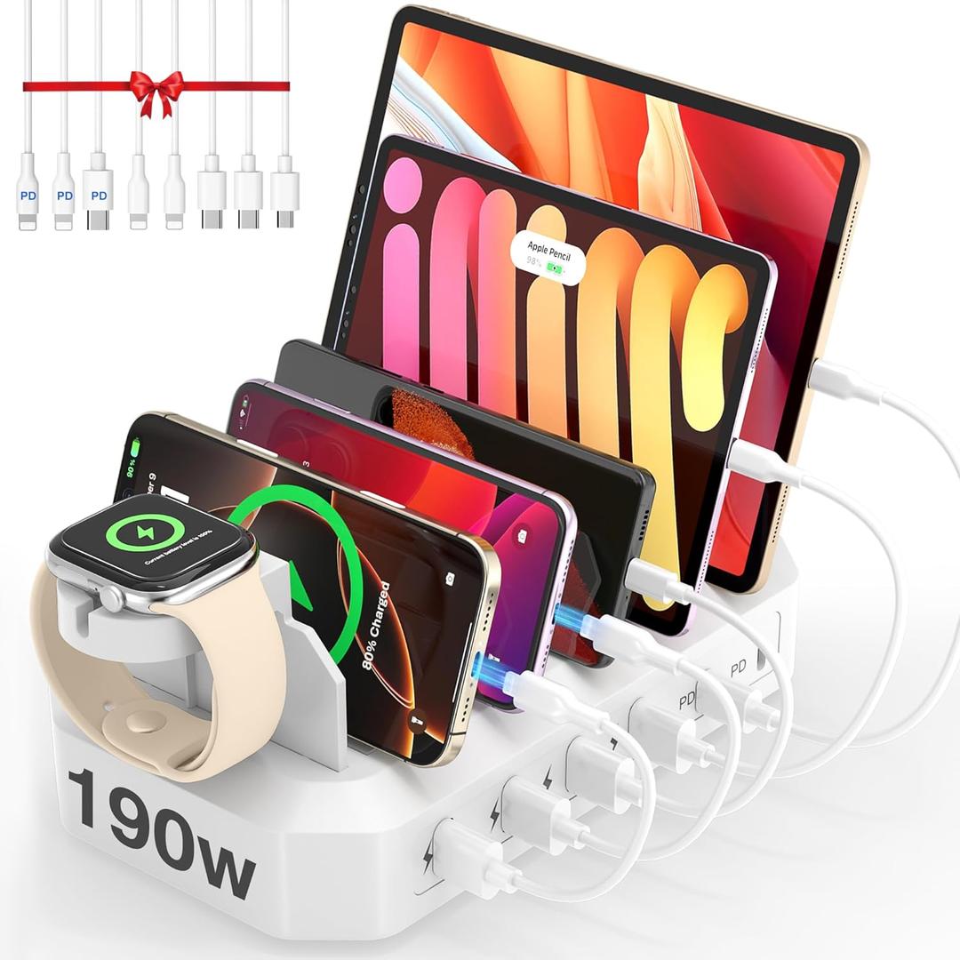 [2025 Upgrade] 190W Fast Charging Station for Multiple DevicesCertified Safer Charging 6 Port USB Charger Station - Multi-Device Charging Dock with Phone/MacBook/iPad/Tablet (8 Mix Cables Included) (White)