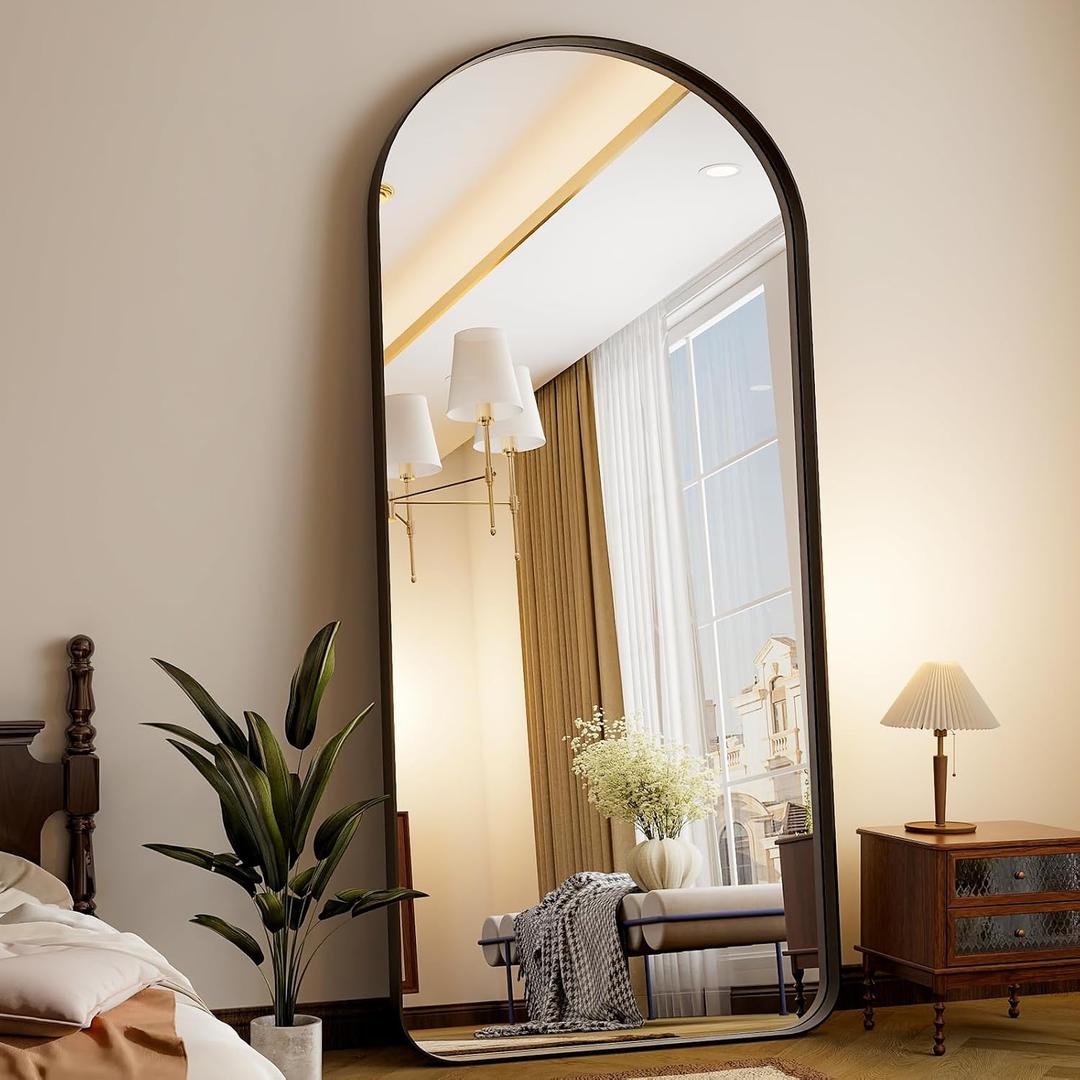 71''x30'' Full Length Mirror with Stand, Large Arched Floor Mirror for Bedroom, Living Room or Closet, Wall-Mounted or Freestanding, Black Aluminum Alloy Frame