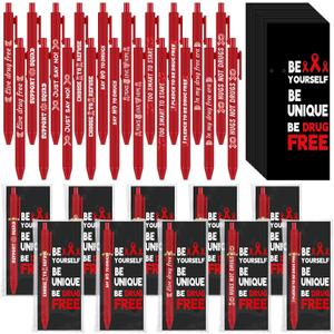 100 Sets Red Ribbon Week Supplies Bulk Red Ribbon Awareness Pens & Bookmarks Set Drug Free Ballpoint Pen with Inspirational Bookmarks Accessories for Fundraising Charity Party Favors