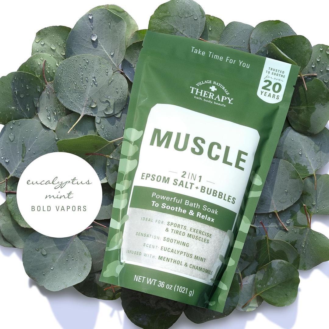 Village Naturals Therapy Muscle Foaming Epsom Soak, Eucalyptus Mint Scent, 36 oz