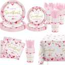 MEHOFOND Valentine's Day Baby Shower Decorations, A Little Sweetheart is On The Way Party Supplies Pink Heart Disposable Tableware Set 169Pcs Plates Napkins Plastic Tablecloth for Baby Shower Party