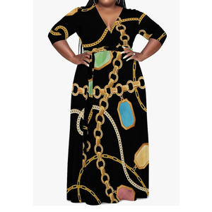 BFFBABY Plus Size Dresses for Womens Sexy Wrap V Neck 3/4 Sleeve Chain Print Casual Long Maxi Dress with Belt L