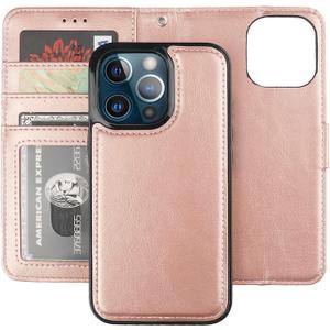 Bocasal Detachable Wallet Case for iPhone 13 Pro RFID Blocking Card Slots Holder Premium PU Leather Magnetic Kickstand Shockproof Wrist Strap Removable Flip Protective Cover 5G 6.1 inch (Rose Gold)