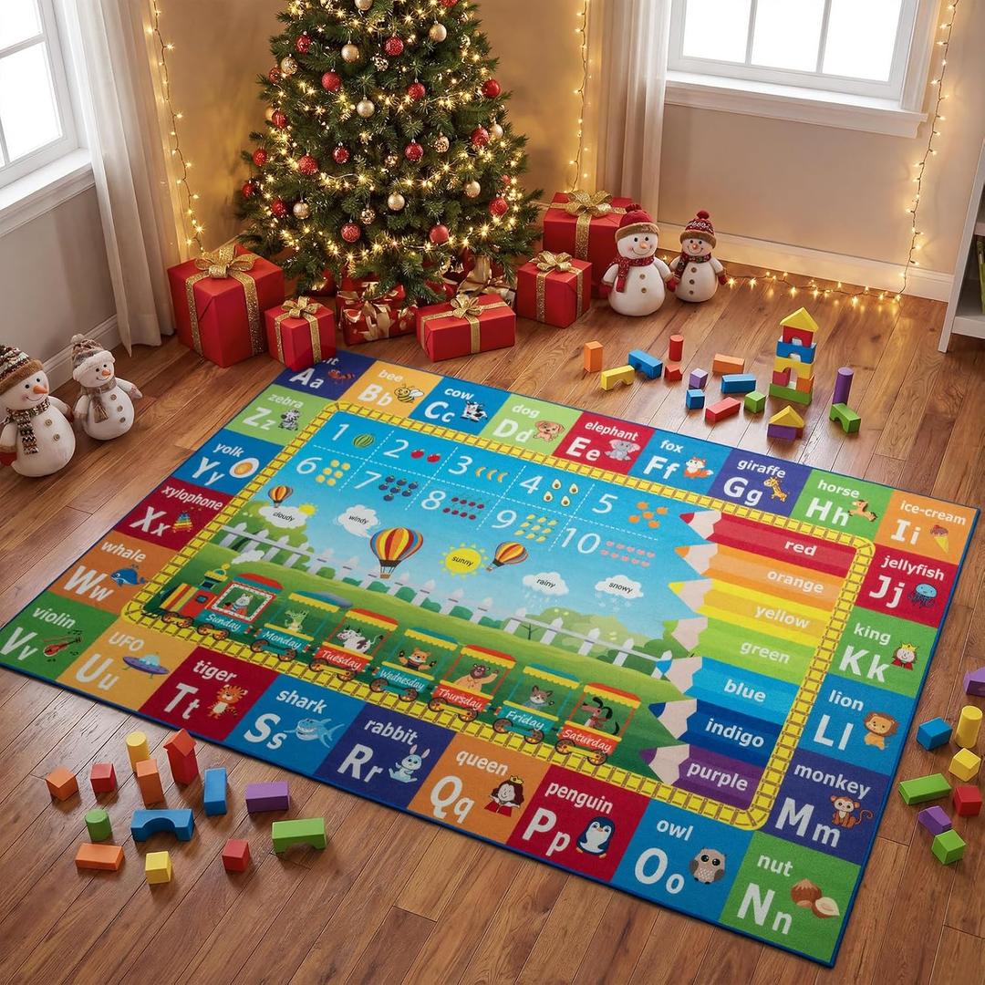 Unirea 8x10 Kids Rug for Playroom Classroom Bedroom, Washable Educational Play Mat with ABC Alphabet, Numbers, Animals for Living Room, Nursery, Colorful Learning Carpet for Toddlers, Rainbow