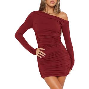 Amkoyam Women's 2025 Sexy Off Shoulder Dress Long Sleeve Bodycon Ruched Formal Cocktail Party Mini Dresses (Red, XS)