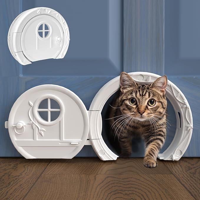 Gnome Door Cat Door for Interior Doors - Stylish & Functional with No Flap, Lockable, and Easy Installation, Spacious Large Kitty Door for Cats Up to 20 lbs, Private and Comfortable Pet Door (White)