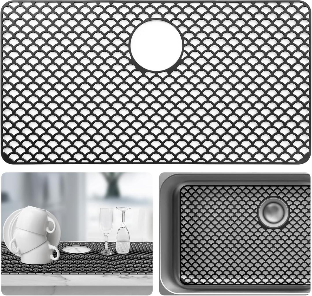 Sink Protectors for Kitchen Sink - Large 28.4"x 15" with Rear Drain Hole Heat Resistant Easy Clean Non-slip Silicone Kitchens Sinks Mat for Bottom of Kitchen Sinks Stainless Steel(Black)-72x38CM