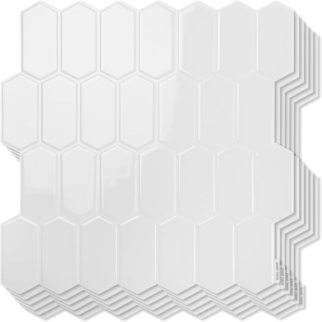 Art3d 10-Sheet Heavy-Duty Peel and Stick Backsplash, Self-Adhesive Vinyl Wall Tiles for Kitchen Countertop Bathroom, White