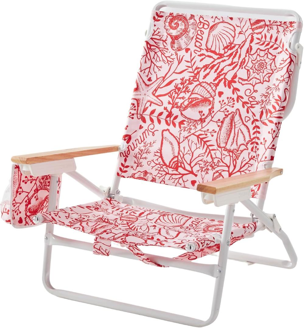 5-Position Low Beach Chair, Portable Lightweight Folding Beach Chair with Wooden Armrests, Storage Pouch & Carry Strap, Coastal Beach Print Reef Crimson