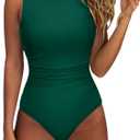 SUUKSESS Women One Piece Ruched Swimsuit Tummy Control Backless Bathing Suit (Green, XL)