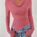 PRETTYGARDEN Womens Bell Long Sleeve Shirts Casual Cowl Neck Asymmetrical Slim Fit Crop Tops Y2K Going Out Spring Clothes (Pink, L)
