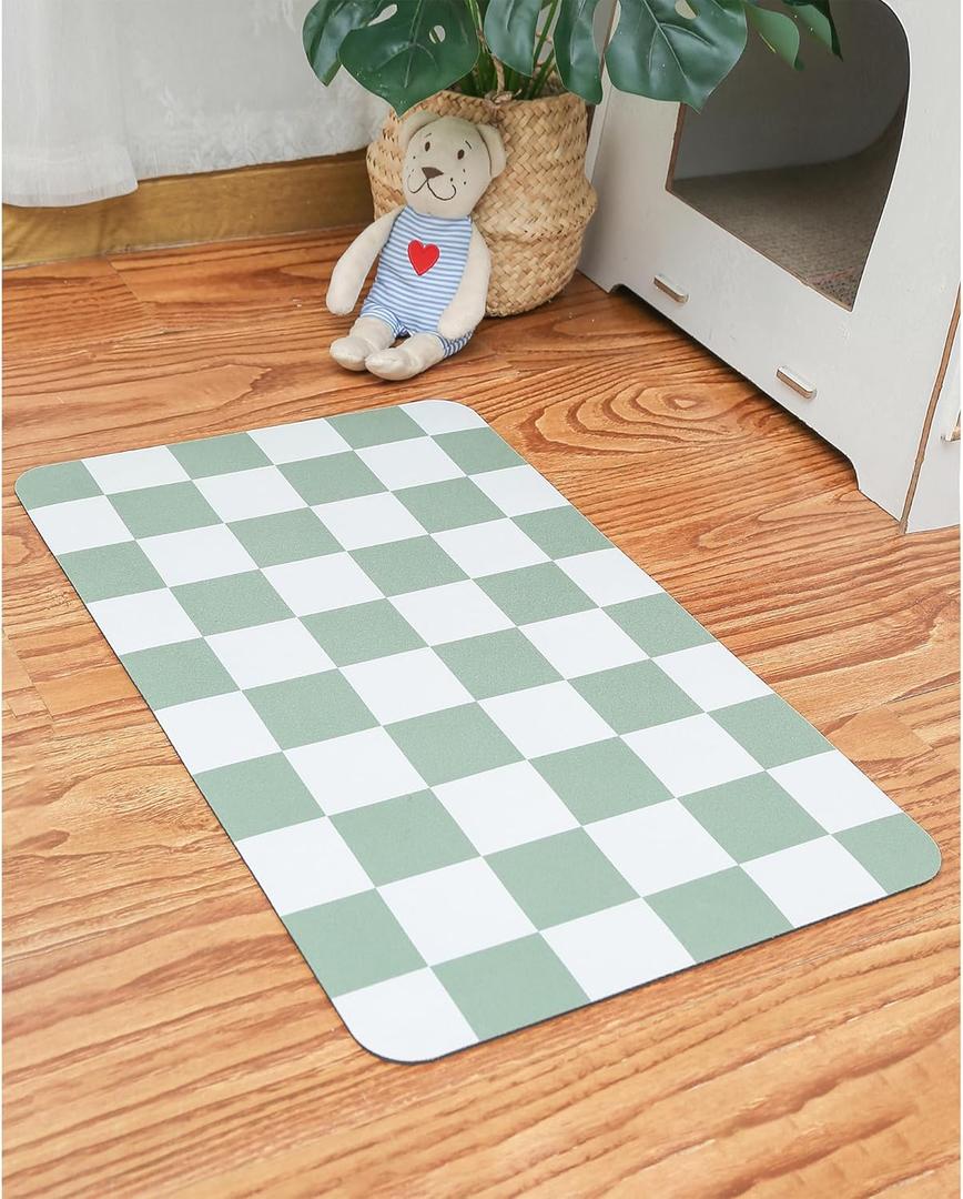 Ralxion Checkered Dog Feeding Mat, Absorbent Mats for Dog Food and Water Bowl, Dispenser, Retro Modern Aesthetic Sage Green Checkerboard Pet Placemat for Dogs, Cats, Puppy Accessories, 30" x 50"