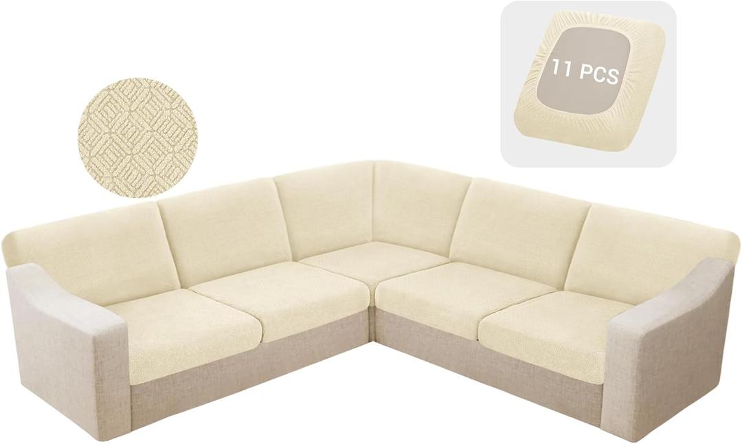 HDCAXKJ Waterproof Sectional Couch Cushion Covers 11 Pieces Stretch Jacquard L Shaped Corner Sofa Slipcover Back Cover Soft Sofa Seat Cushion Covers for Dogs Pet (5 Seater and 6 Backrest, Beige)