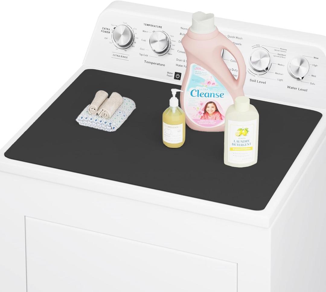 CSKY 1Pc Washer and Dryer Covers for the Top, 25.5''17.5'' Fabric Laundry Countertop Mat, Anti-Crease Rolled Packaging, Non-Slip Rubber Base, Washer Dryer Topper for Top Load Machine (Black)