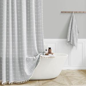 BTTN Boho Farmhouse Shower Curtain, Linen Rustic Heavy Duty Fabric Shower Curtain Set with Tassel, Water Repellent, Bohemian Vintage Country Thick Cloth Shower Curtains for Bathroom, Gray/Grey, 72x72